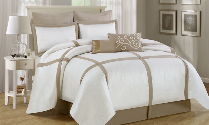 Luxury Home 8 Piece Block Comforter Set White Neutral Beige