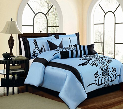 Grand Linen 7 Pc Luxury Comforter Set Light Blue Black Size